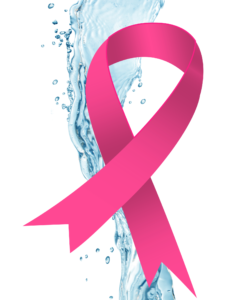 A pink breast cancer awareness ribbon intertwined with a splash of clean water, symbolizing the connection between water safety and breast cancer awareness.