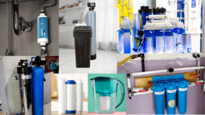 Image showing a variety of water treatment options including filter pitchers, whole home filtration systems, salt softeners, and point-of-use filters.